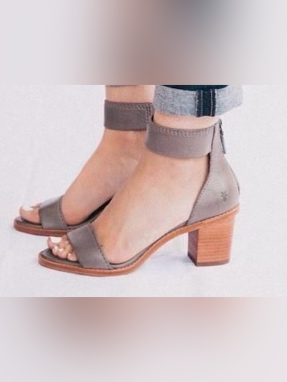 Frye Brielle Taupe Block Heel Sandals with Ankle Strap